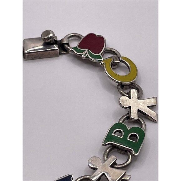 Mexico 925 Silver Enamel ABC Teacher Children Kids Chain Bracelet Vintage A277 - Picture 14 of 16